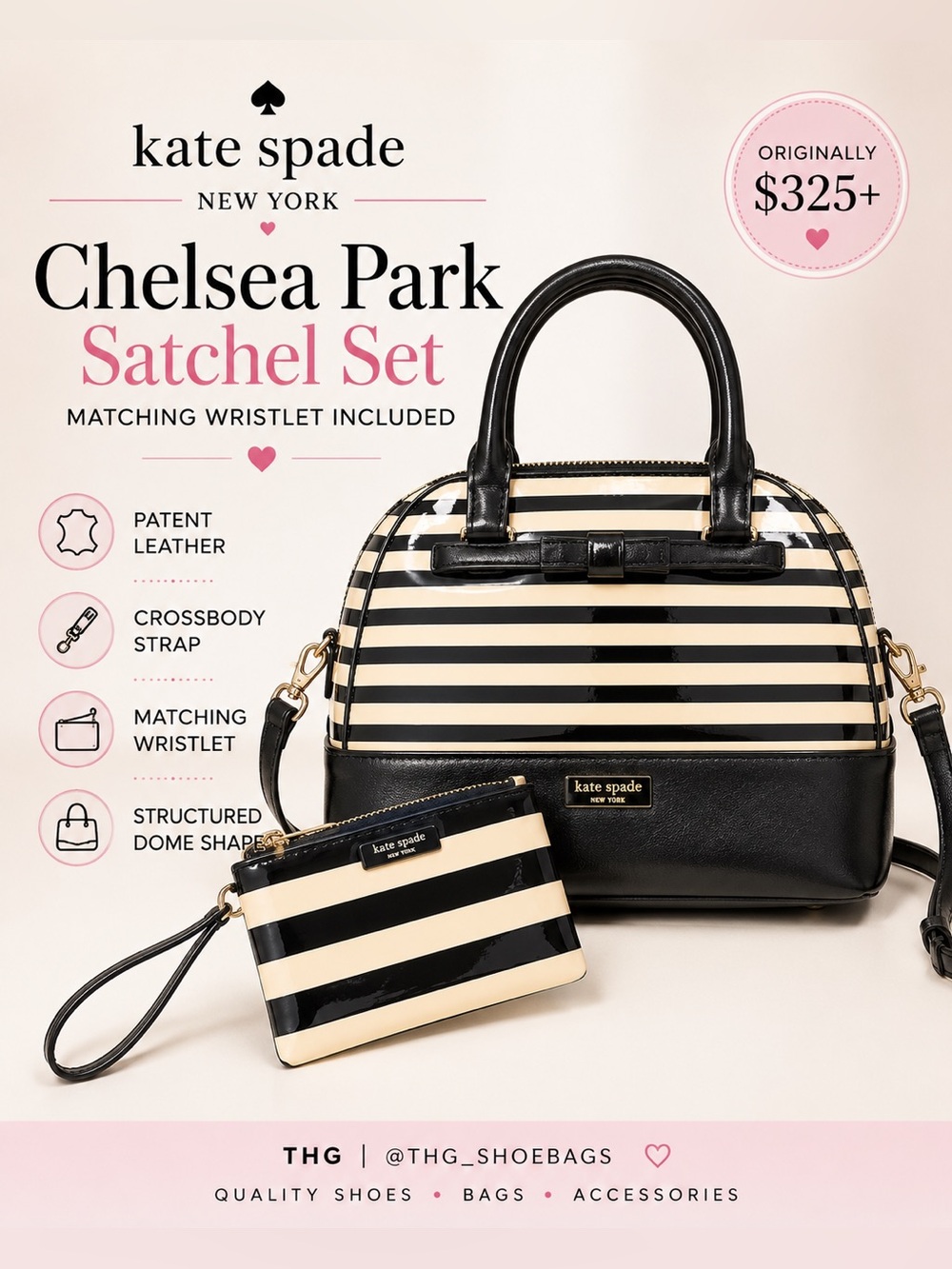Kate Spade Chelsea Park Dome Satchel Matching Wristlet Stripe Set
